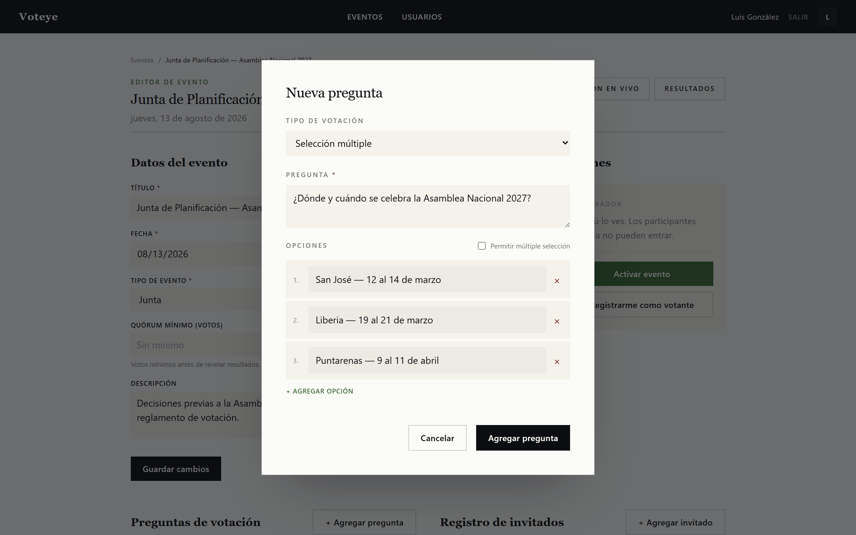 Modal de nueva pregunta con tipo selección múltiple y tres opciones