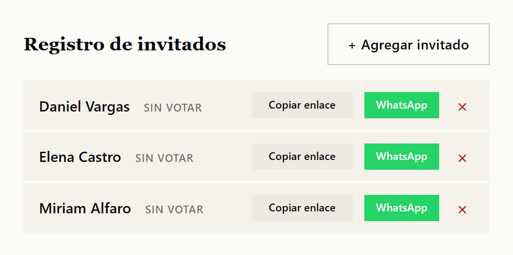 Registro de invitados con enlaces personales, estado y botón de WhatsApp