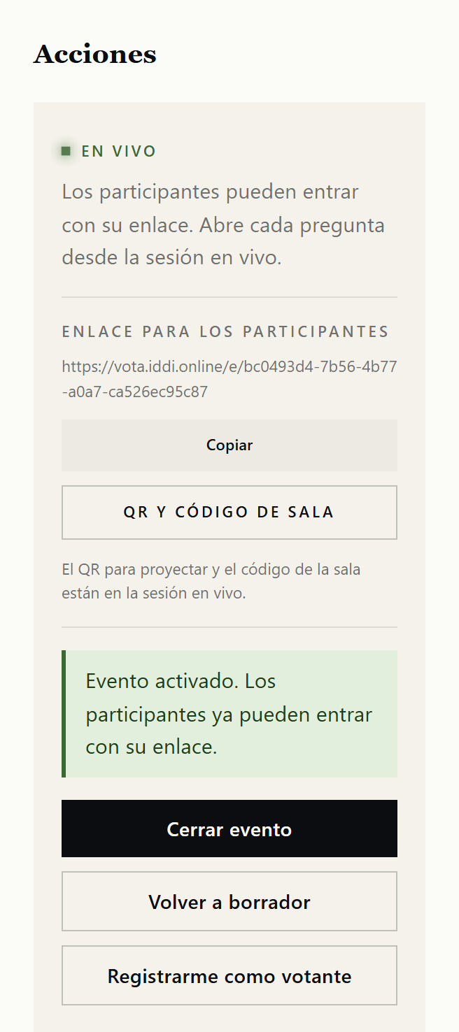 Panel de acciones tras activar, mostrando el enlace para participantes y la confirmación