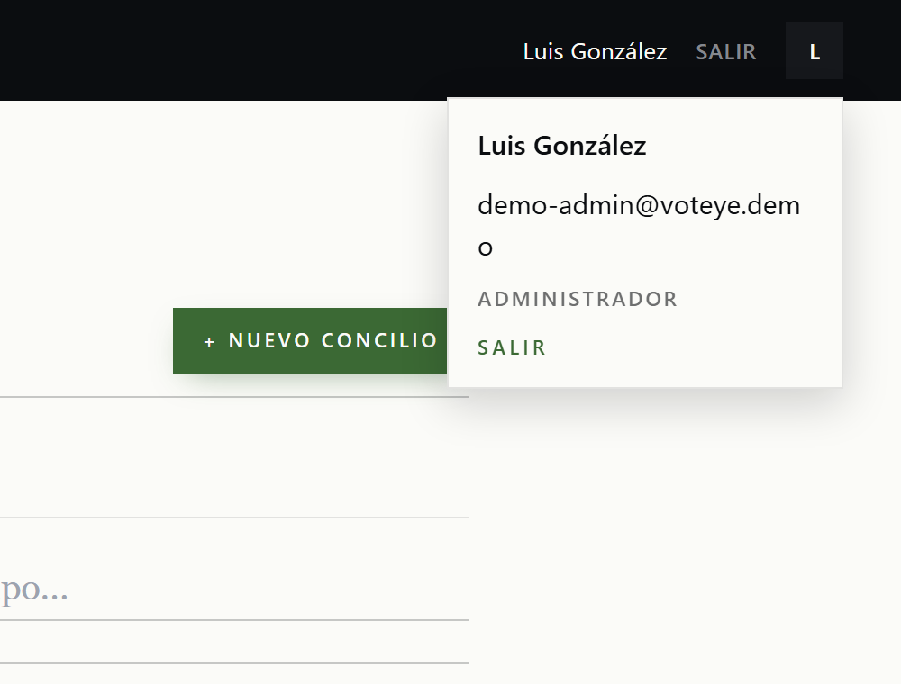 Menú de sesión mostrando el nombre, el correo, el rol y la opción salir