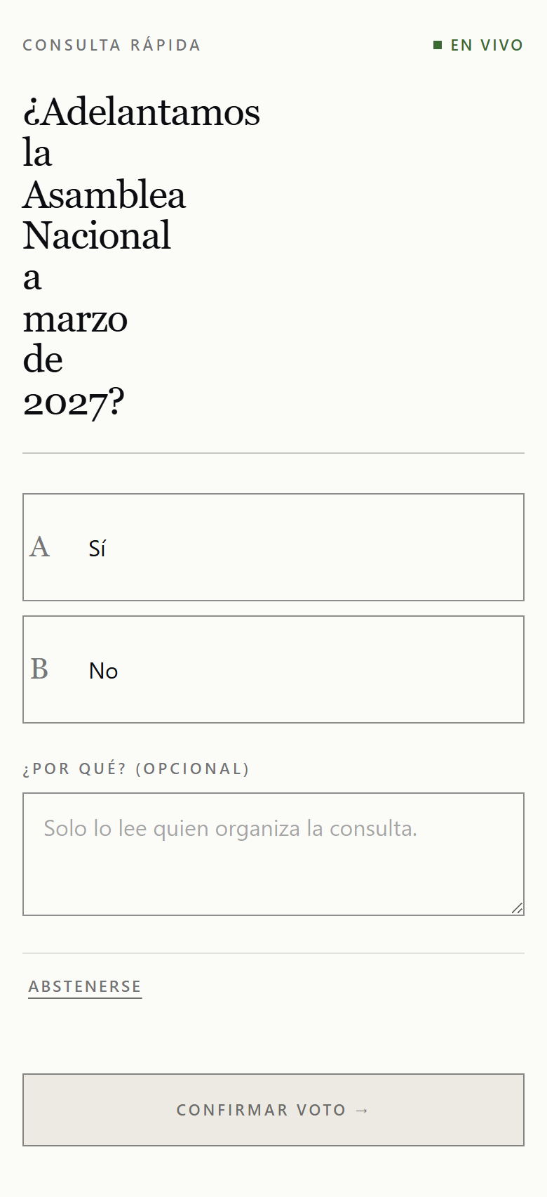 Papeleta de consulta rápida con las opciones y el campo de motivo opcional