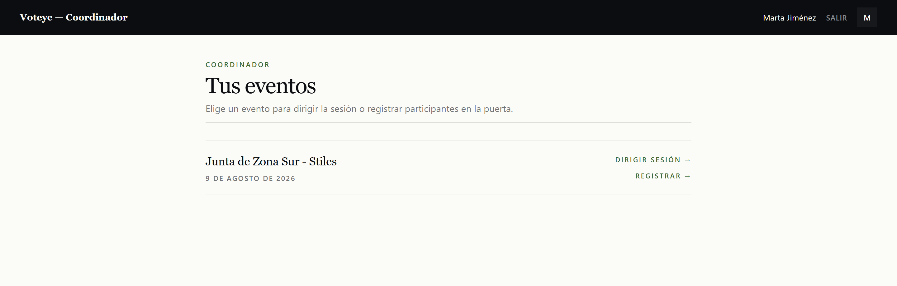 Lista de eventos del coordinador con las acciones Dirigir sesión y Registrar
