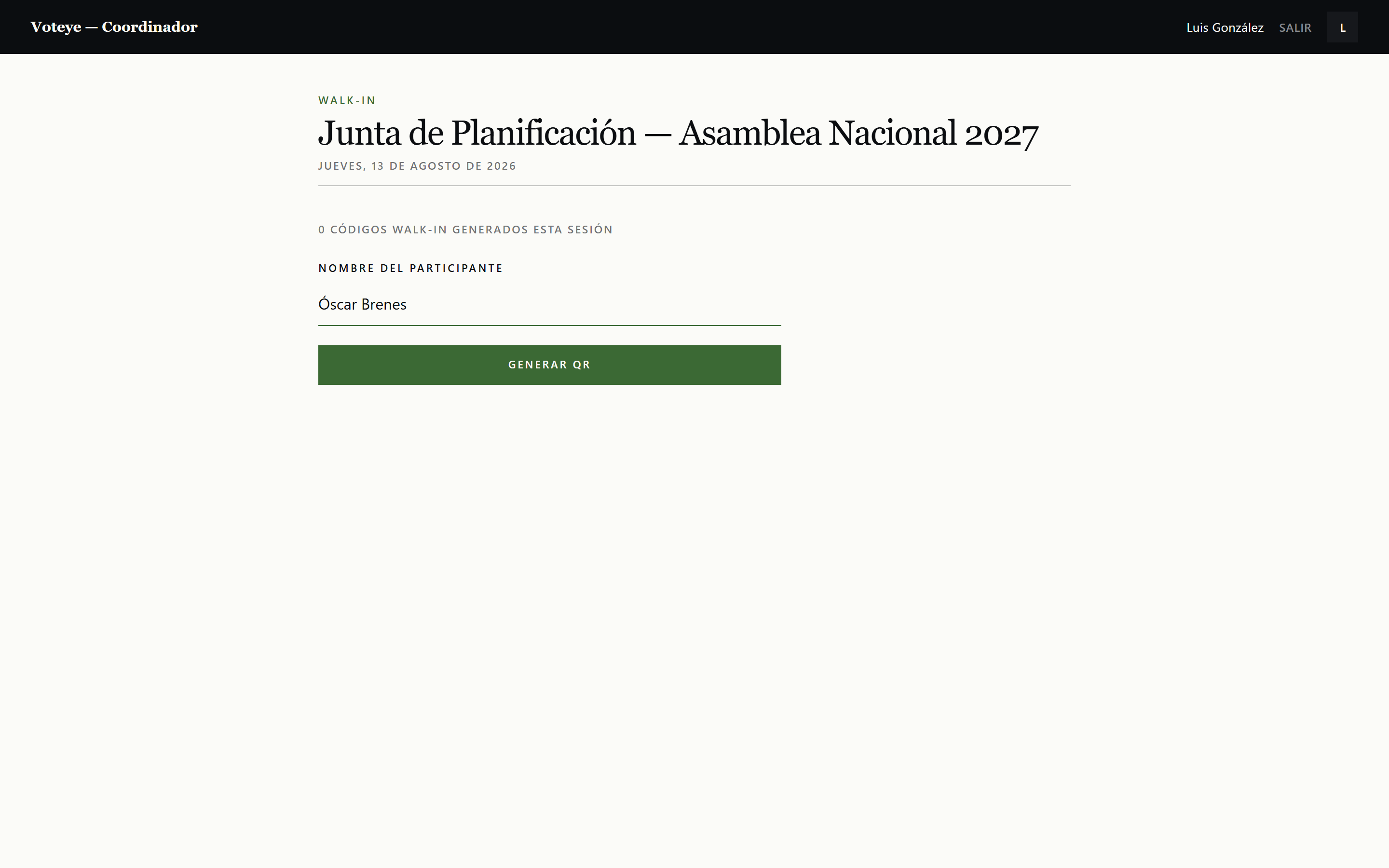 Formulario de registro walk-in con el campo de nombre