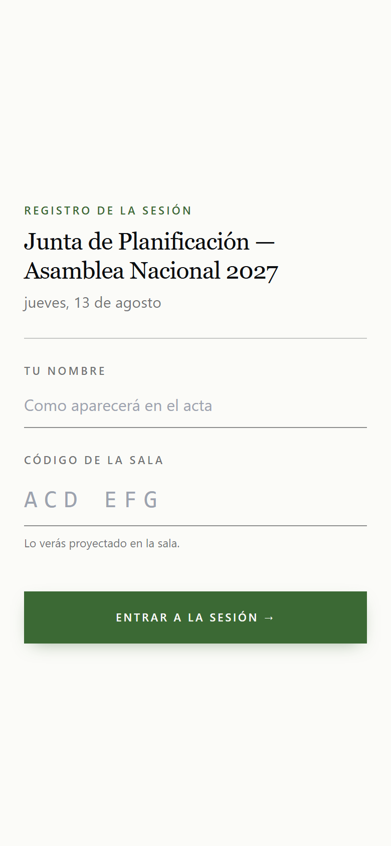 Pantalla de registro pidiendo tu nombre y el código de la sala