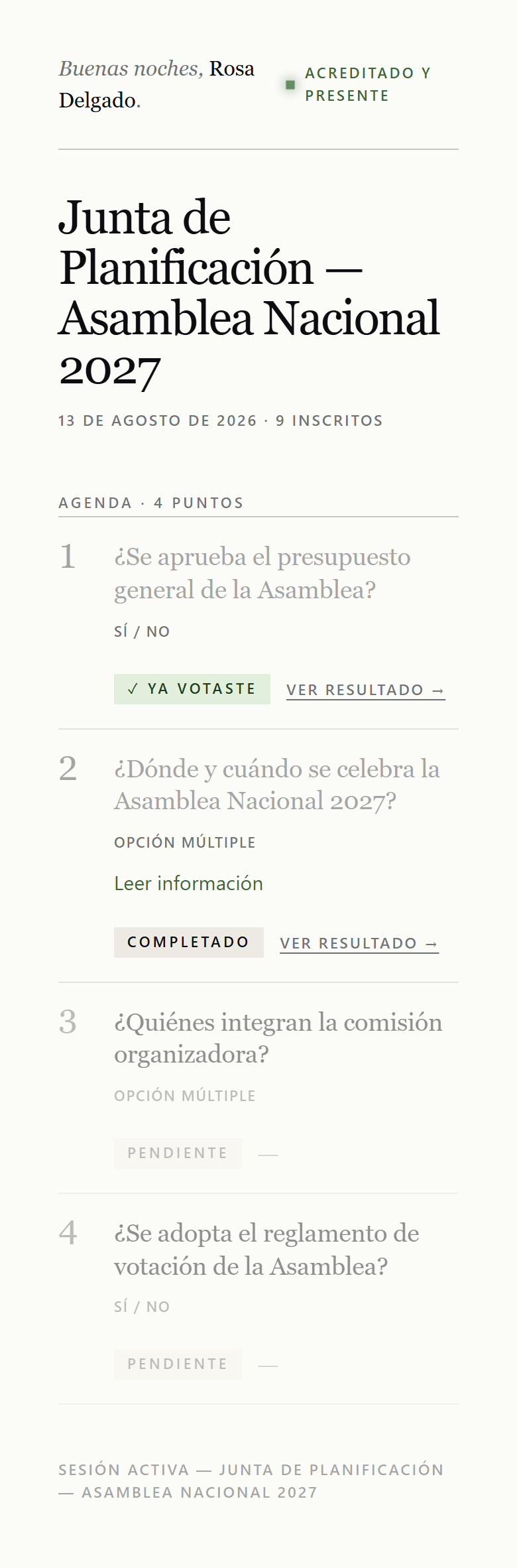 Lobby del participante mostrando el saludo, la acreditación y la agenda