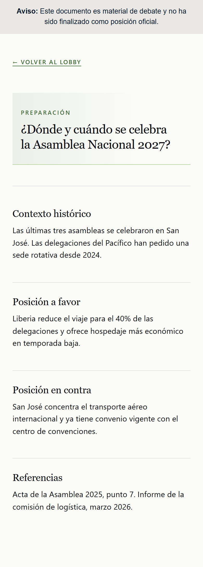 Material de preparación mostrando las secciones de contexto, posiciones y referencias