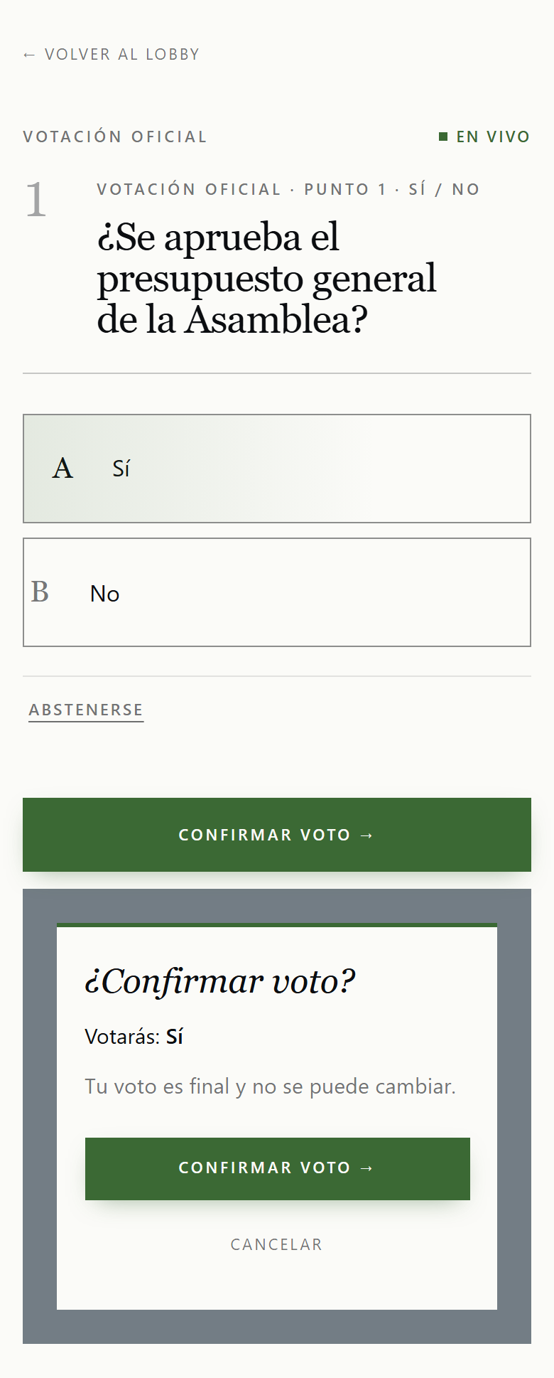 Diálogo de confirmación indicando la opción elegida y que el voto es final