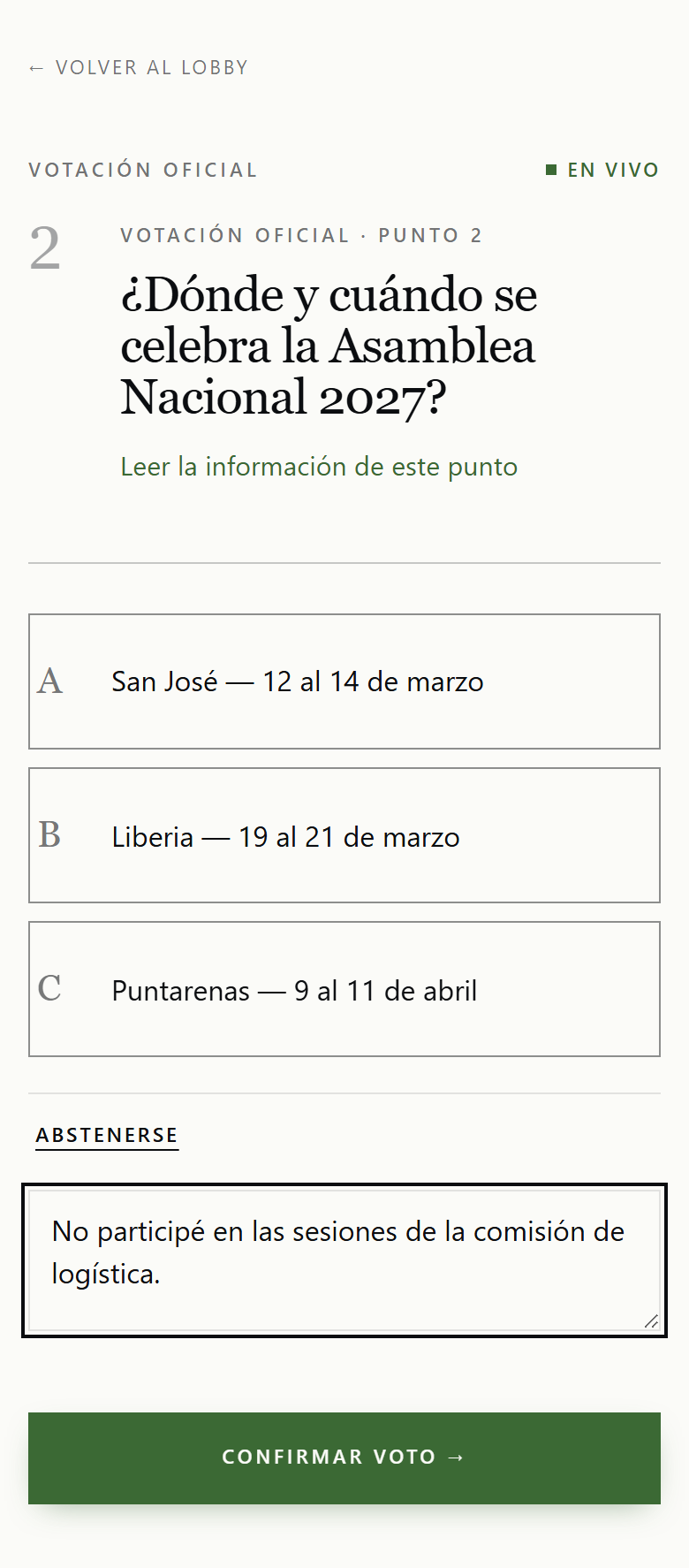 Pantalla de abstención con un campo para escribir el motivo
